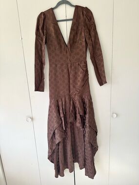 Elegant Brown Polka Dot V-Neck Long Sleeve Dress